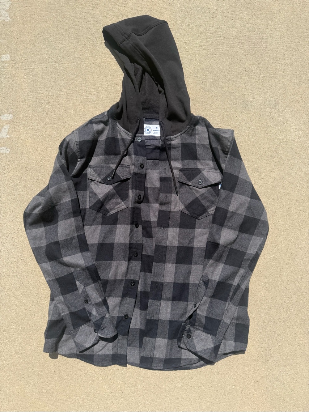 Men's Hurley Hooded Flannel Shirt Jacket - Black/Grey Plaid